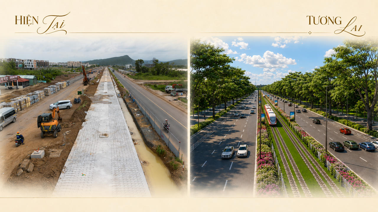 So sánh hiện trạng thi công và phối cảnh tuyến LRT trong tương lai. Ảnh: Sun Group