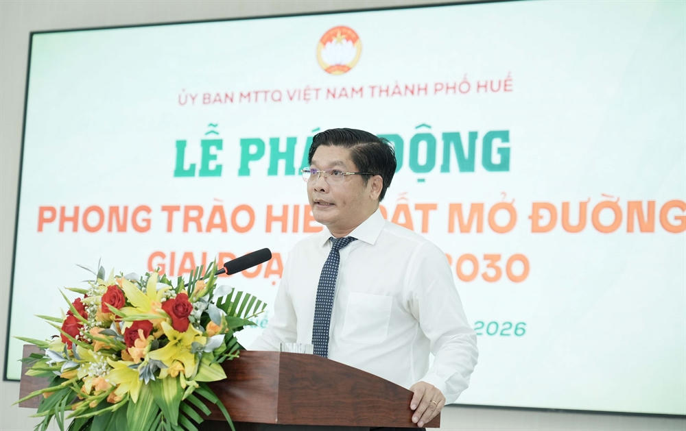 Phó Bí thư Thành ủy, Chủ tịch Ủy ban MTTQ Việt Nam thành phố Nguyễn Chí Tài phát biểu tại lễ phát động. (Ảnh: UBND TP Huế)