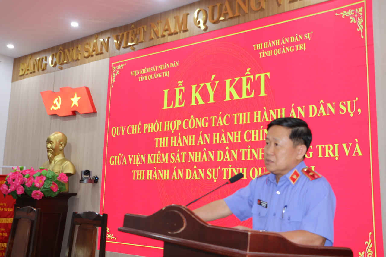 &Ocirc;ng Hồ Thanh Hải, Viện trưởng VKSND tỉnh Quảng Trị ph&aacute;t biểu tại lễ k&yacute; kết Quy chế phối hợp. (Ảnh: Minh Phương)