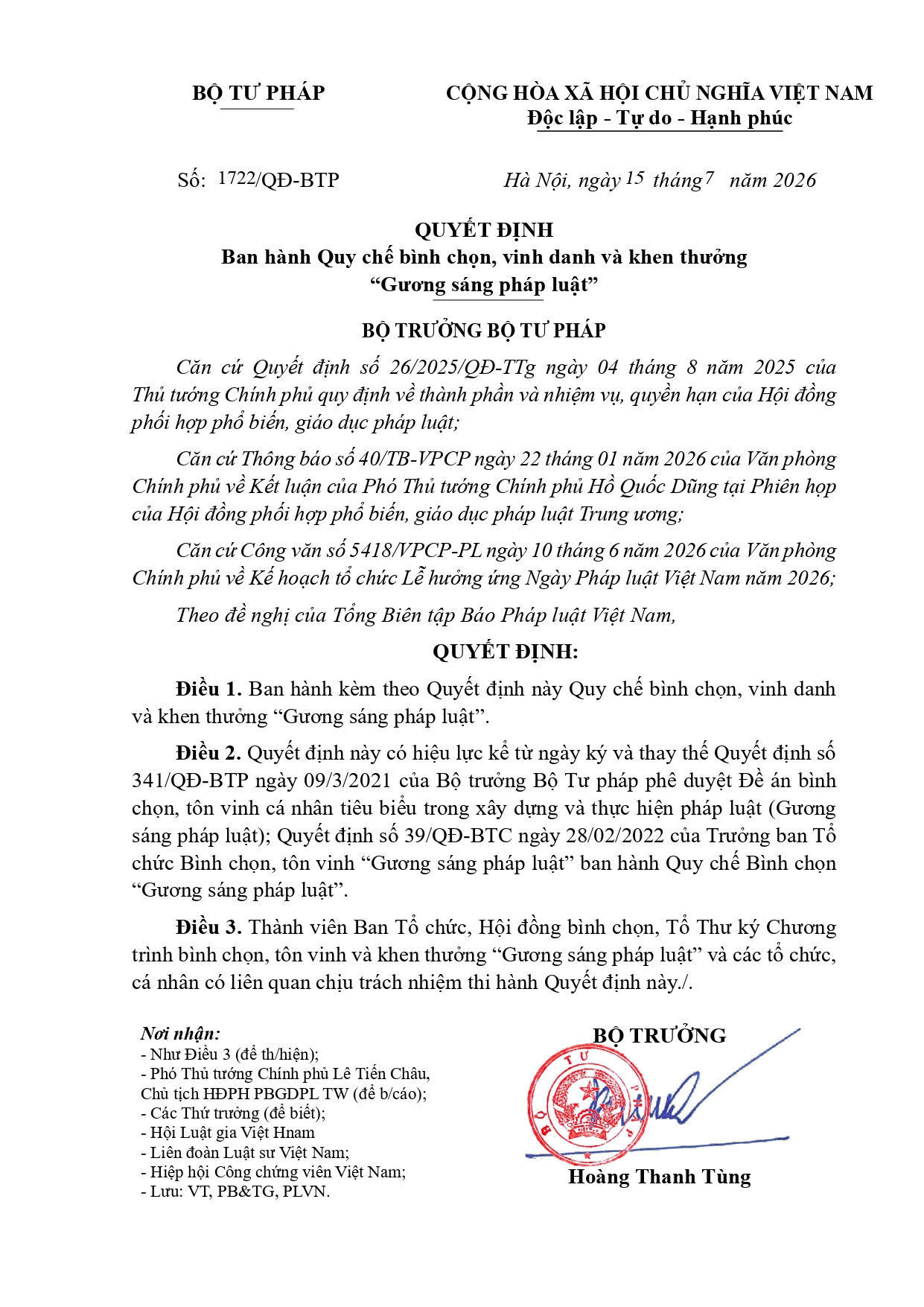 Quy chế bình chọn, vinh danh và khen thưởng “Gương sáng Pháp luật” năm 2026