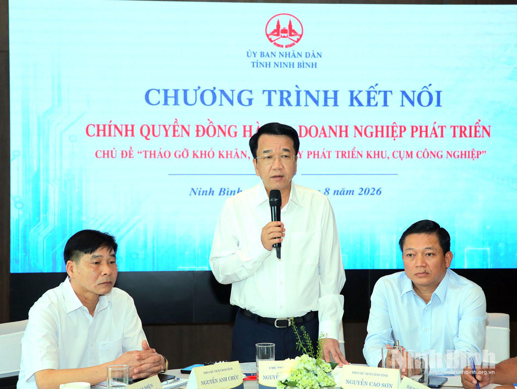 Ông Nguyễn Thanh Bình, Phó Bí thư Tỉnh ủy, Chủ tịch UBND tỉnh phát biểu kết luận Chương trình. Ảnh: Nguyễn Thơm - Anh Tuấn/Báo Ninh Bình