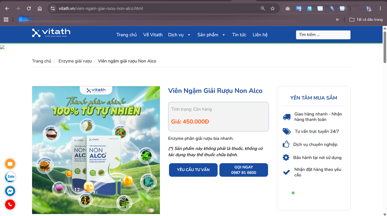 Quảng cáo sản phẩm Viên ngậm giải rượu Non Alco tại website vitath.vn (Ảnh chụp màn hình).