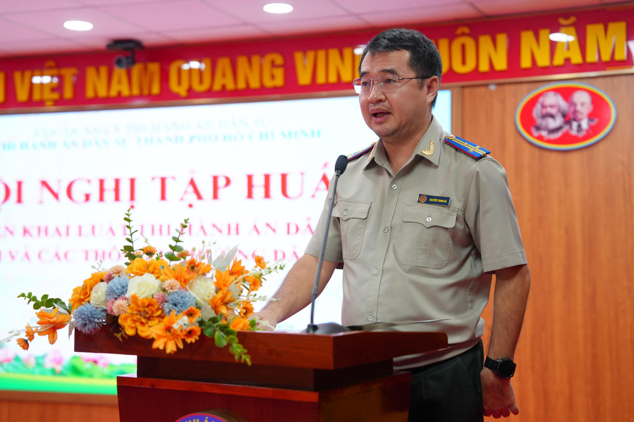 Đồng chí Nguyễn Thanh Hà, Phó trưởng Thi hành án dân sự Thành phố Hồ Chí Minh&nbsp; - Trưởng Ban tổ chức phát biểu khai mạc