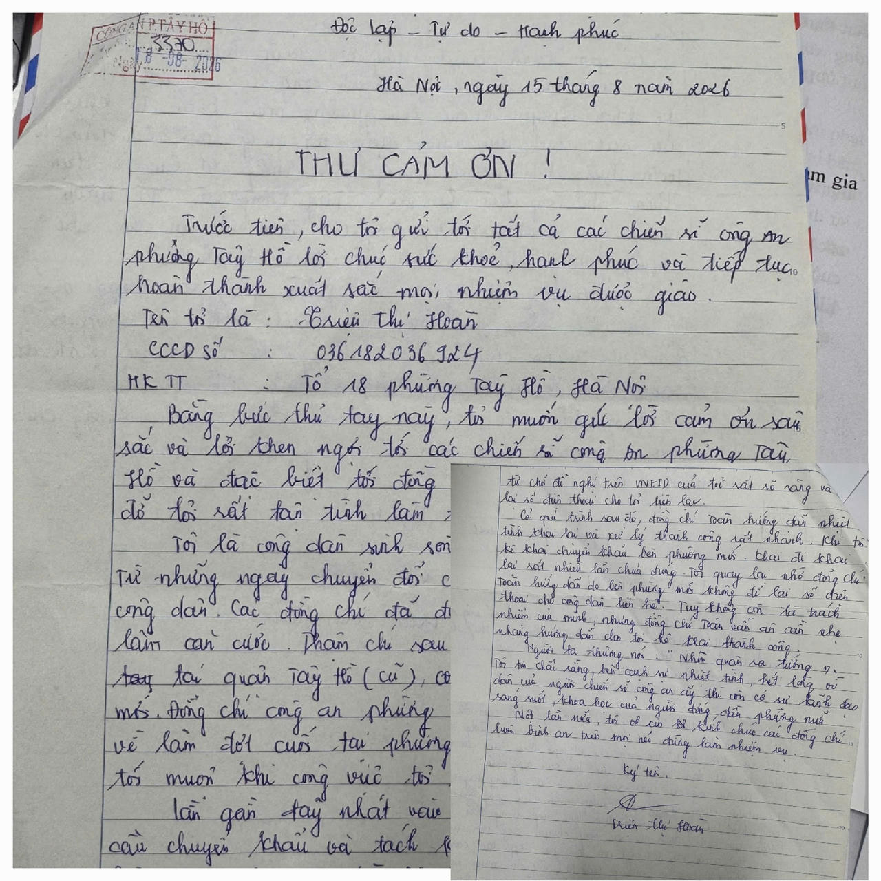 Thư cảm ơn của công dân gửi cán bộ chiến sỹ Công an phường Tây Hồ.