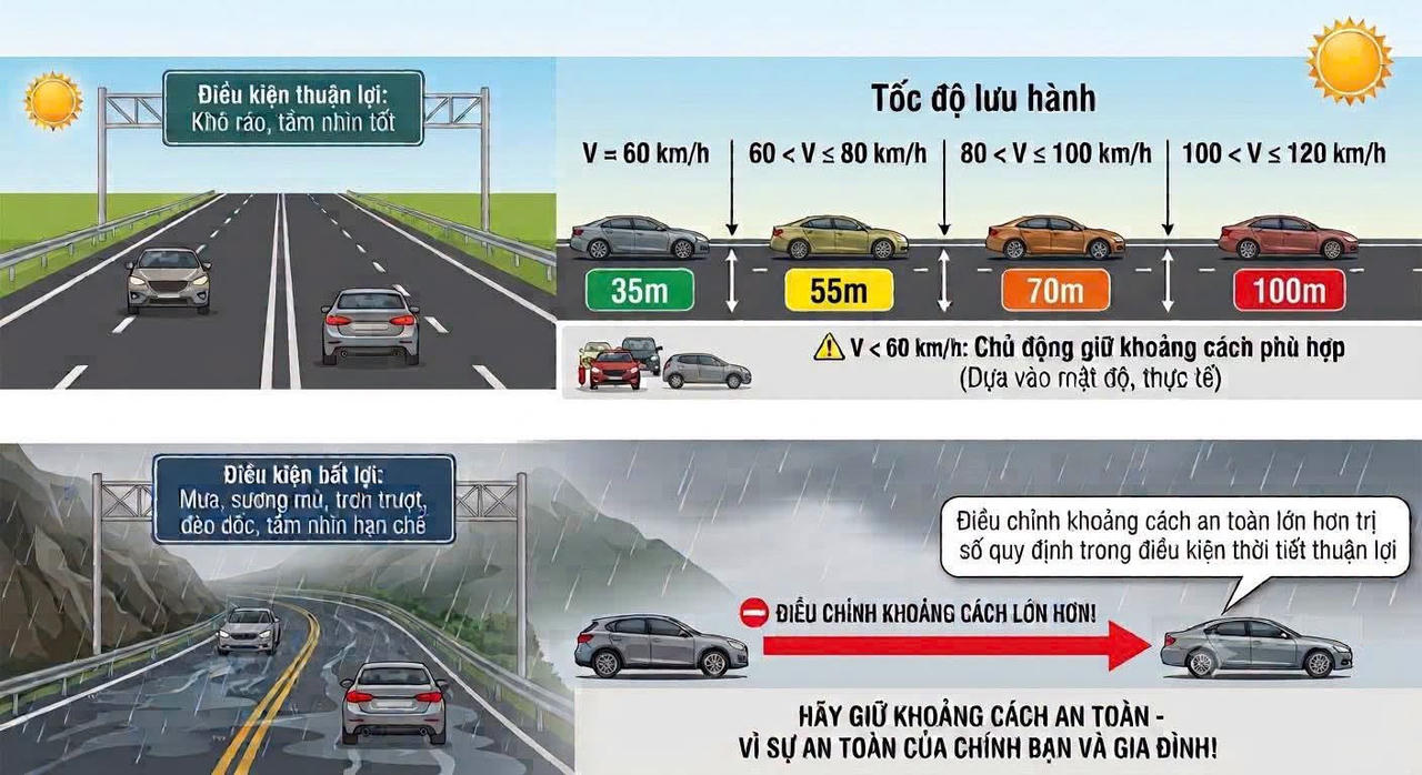 Khoảng cách cần giữ an toàn khi đi trên cao tốc. (Ảnh: Cục CSGT)