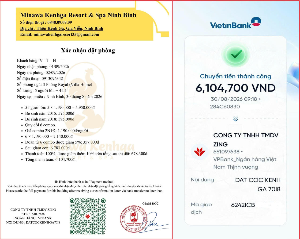 Chỉ sau khi nhận được thông tin phải chuyển thêm số tiền lần nữa mới đặt được phòng thì chị H mới biết mình bị lừa. (Ảnh: Chị H cung cấp)