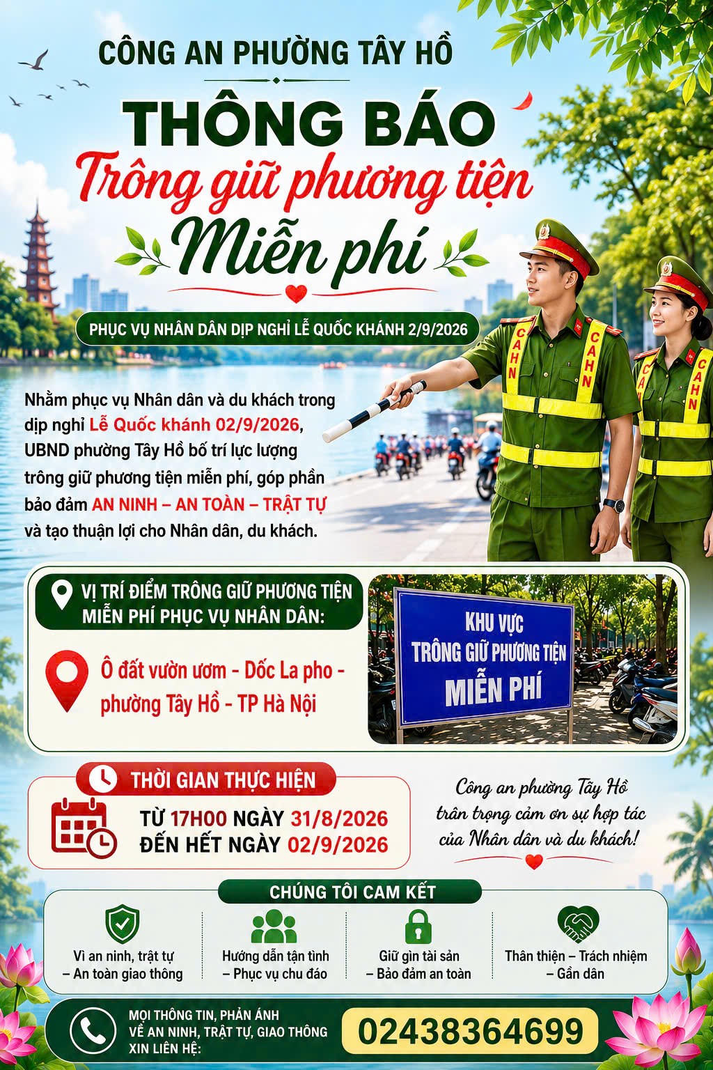 Điểm trông giữ phương tiện miễn phí tại ô đất vườn ươm - Dốc La Pho phục vụ người dân từ 17h ngày 31/8 đến hết ngày 2/9/2026.
