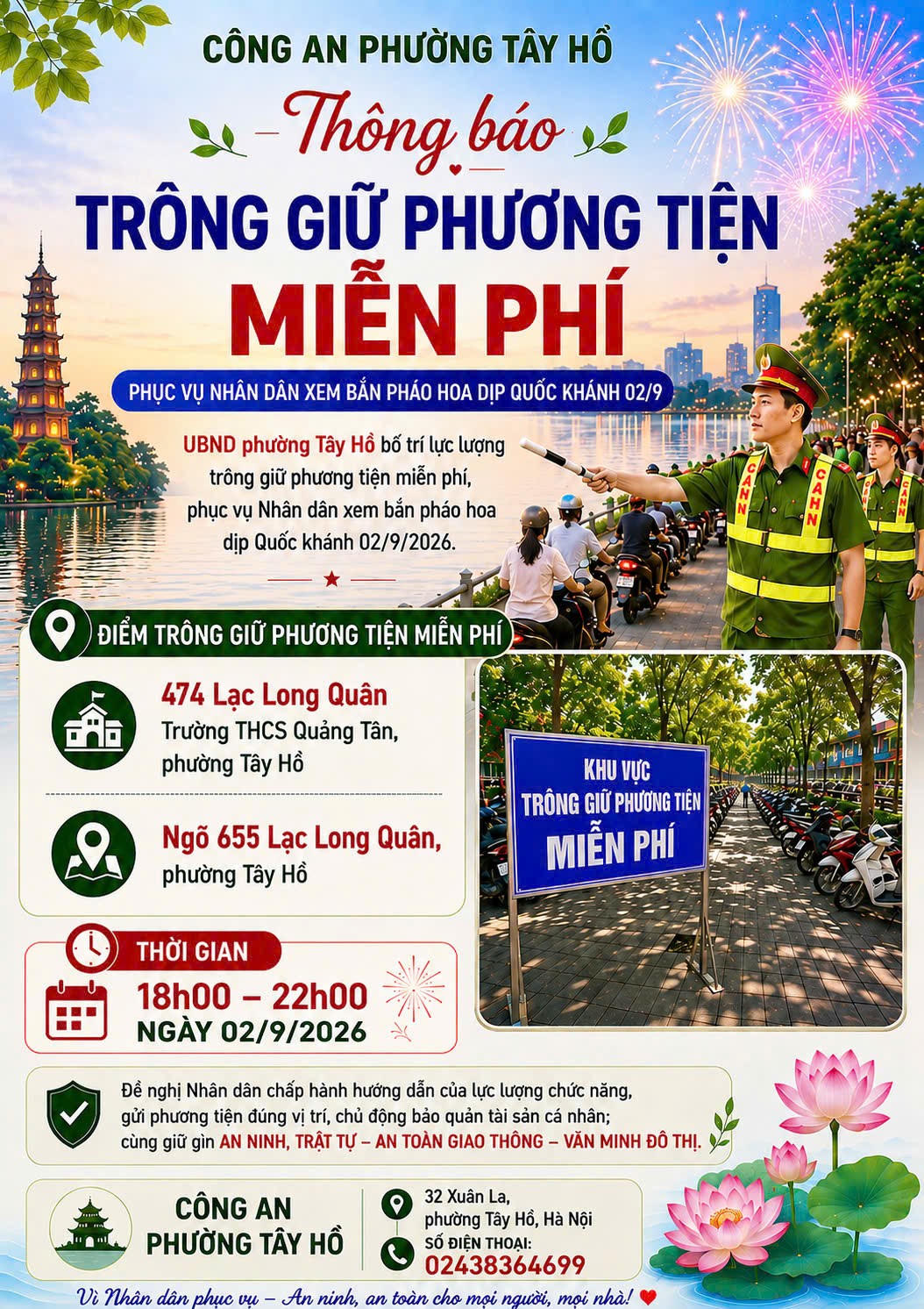 Công an phường Tây Hồ thông tin các điểm trông giữ phương tiện miễn phí phục vụ Nhân dân, du khách trong dịp Quốc khánh 2/9.