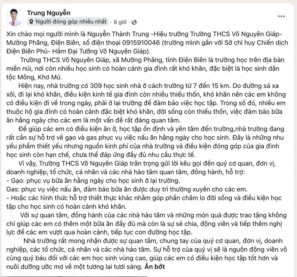 Bài đăng kêu gọi ủng hộ cho học trò của ông Trung nhận được sự quan tâm của nhiều người.