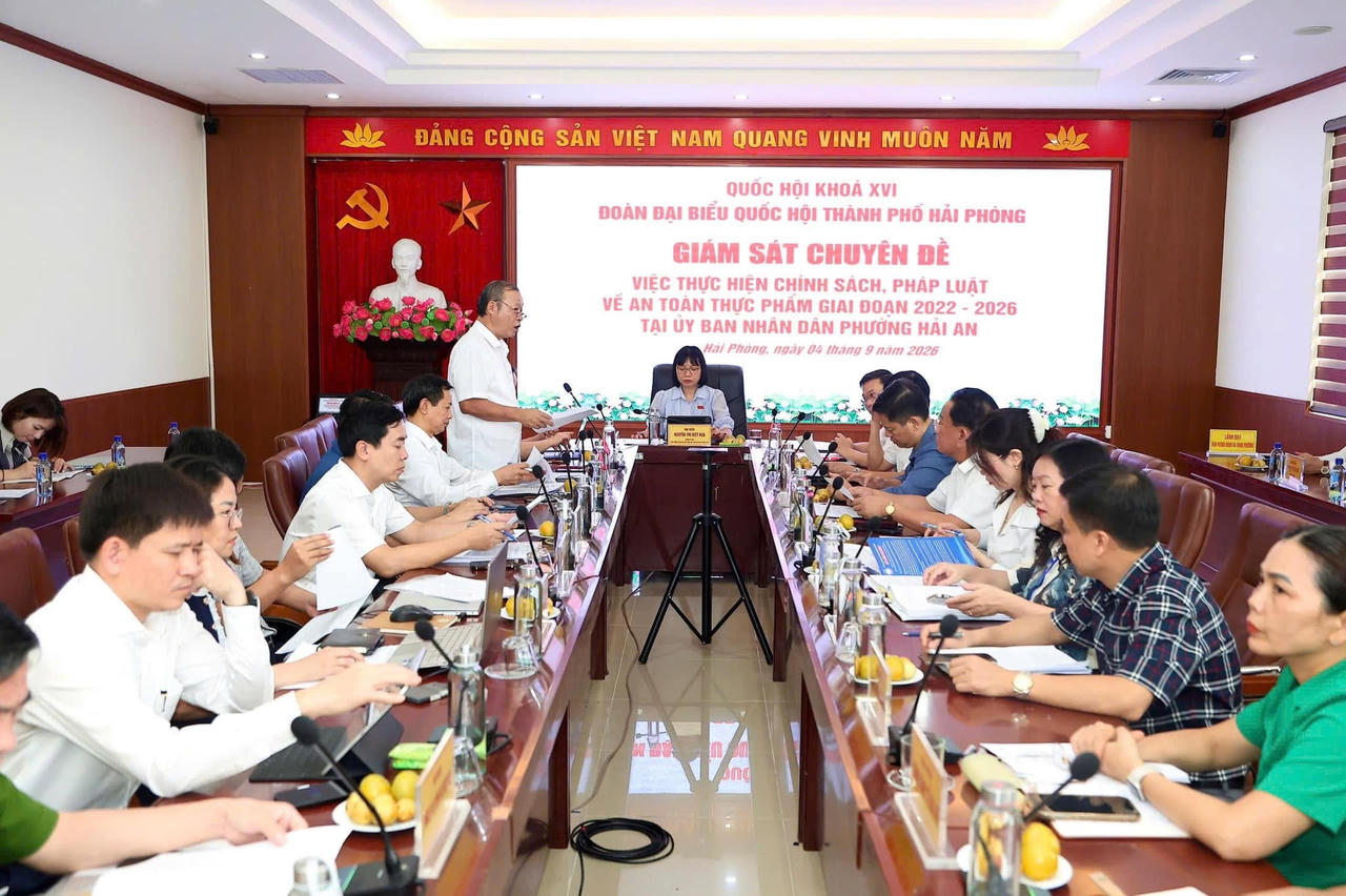 Đoàn ĐBQH TP Hải Phòng giám sát việc thực hiện chính sách, pháp luật về an toàn thực phẩm tại phường Hải An. (Ảnh: Việt Cường)