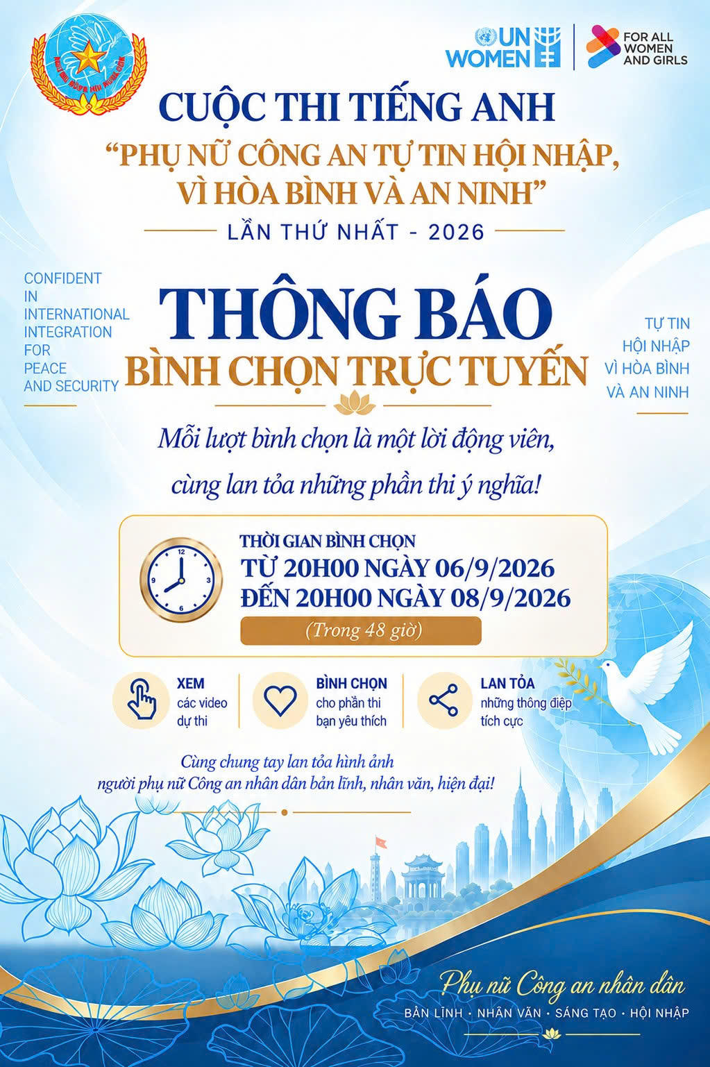 20h tối nay, chính thức mở cổng bình chọn Cuộc thi tiếng Anh “Phụ nữ Công an tự tin hội nhập, vì hòa bình và an ninh” năm 2026
