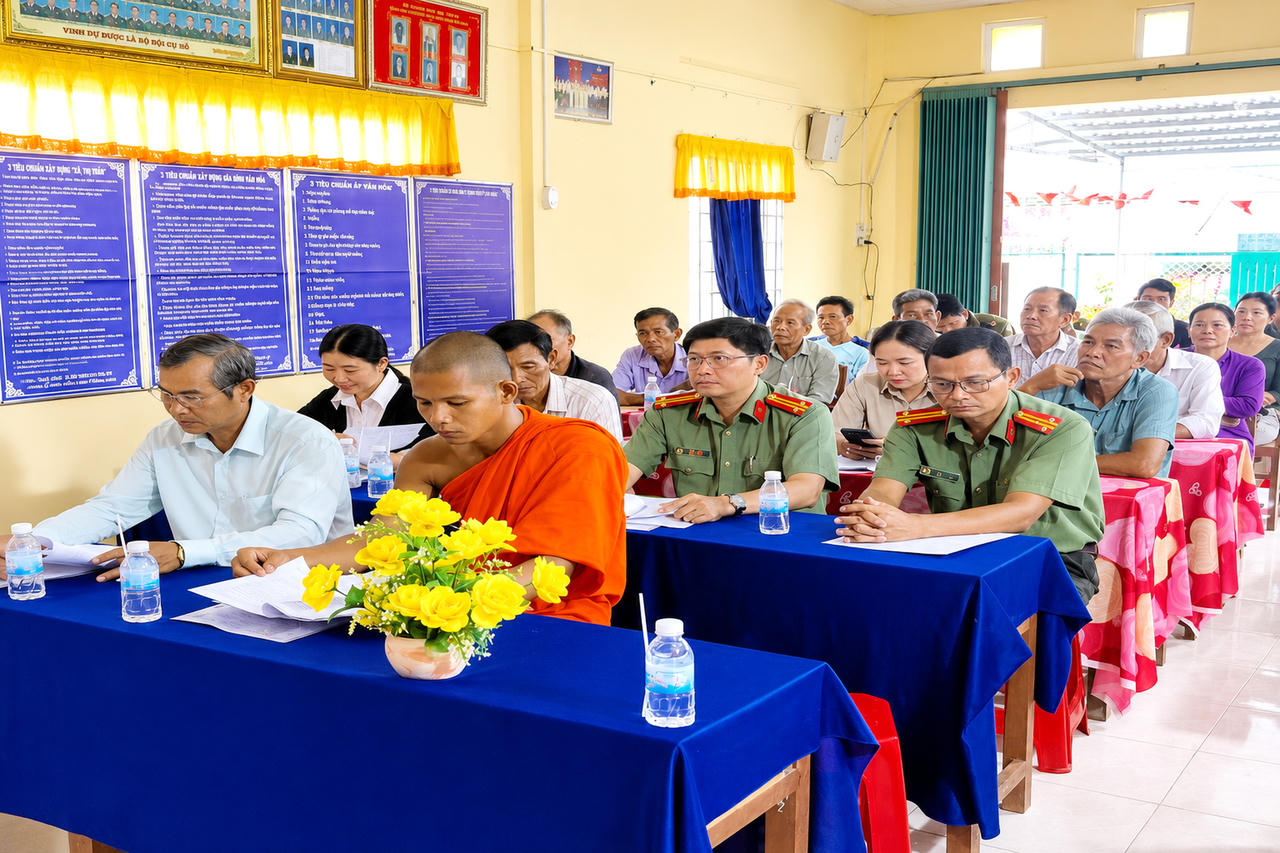 Buổi sinh hoạt mô hình "Đồng bào dân tộc thiểu số ấp 7, xã Tân Lộc tích cực tự phòng, tự quản về an ninh, trật tự", góp phần phát huy vai trò của Nhân dân trong bảo vệ bình yên địa bàn (Ảnh: H.Đ).