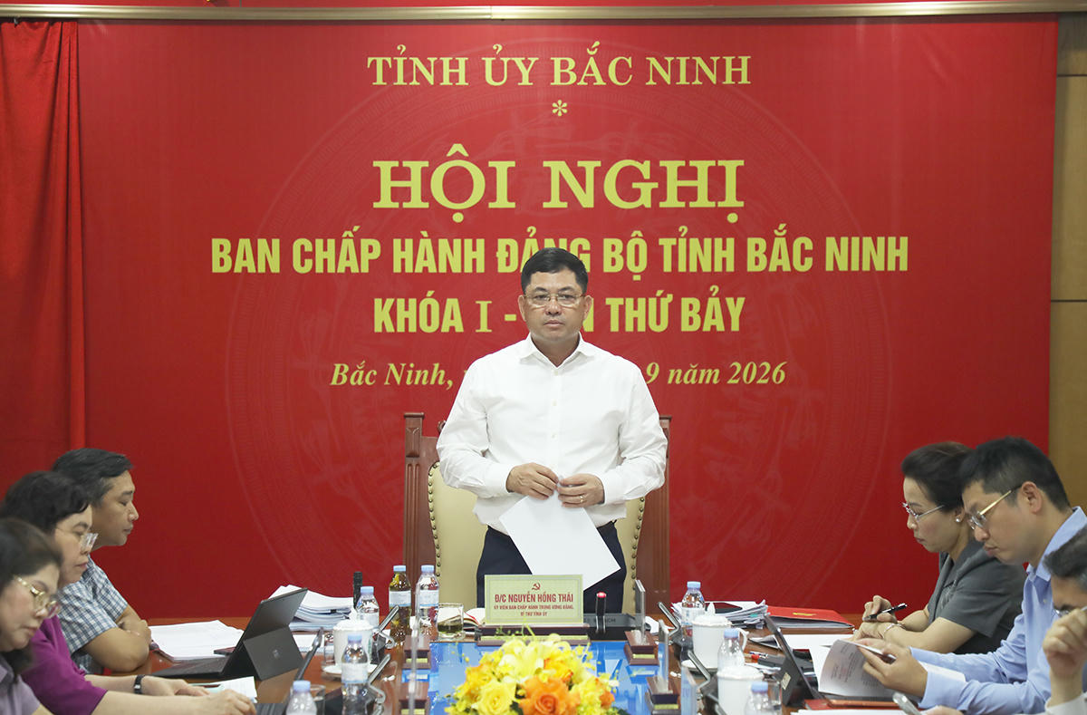 Bí thư Tỉnh ủy Bắc Ninh Nguyễn Hồng Thái kết luận hội nghị.(Ảnh: Cổng thông tin điện tử tỉnh Bắc Ninh)