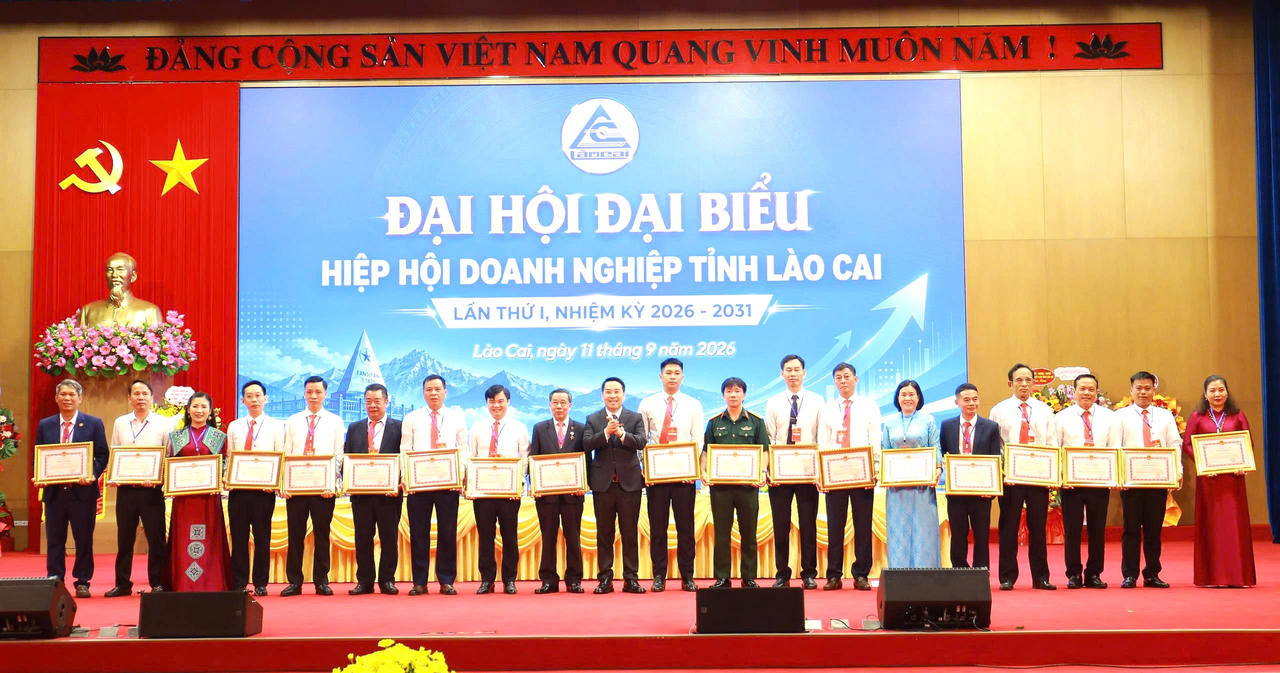 Chủ tịch UBND tỉnh Lào Cai tặng Bằng khen cho 11 tập thể và 20 cá nhân có thành tích xuất sắc trong công tác xây dựng và phát triển tổ chức Hội, tập hợp, đoàn kết cộng đồng doanh nghiệp, đóng góp đối với sự nghiệp phát triển kinh tế - xã hội và công tác an sinh xã hội của tỉnh giai đoạn 2021-2026. (Ảnh: Trường Hải)