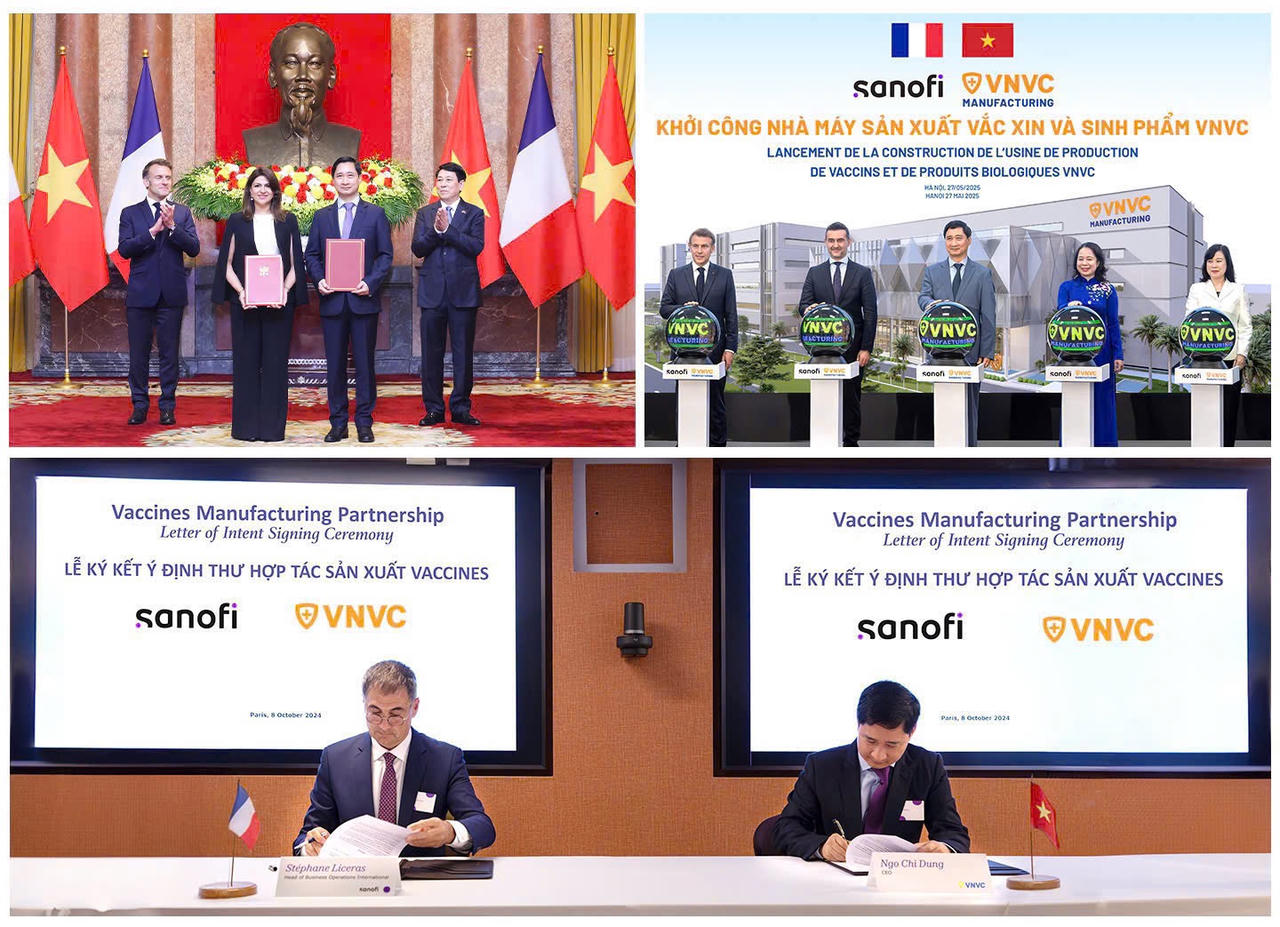 Hợp tác nội địa hóa sản xuất vắc xin giữa Sanofi và VNVC được thúc đẩy qua nhiều dấu mốc quan trọng. Nhà máy Vắc xin và Sinh phẩm VNVC khởi công tháng 5/2025 có sự chứng kiến của Tổng thống Pháp Emmanuel Macron.
