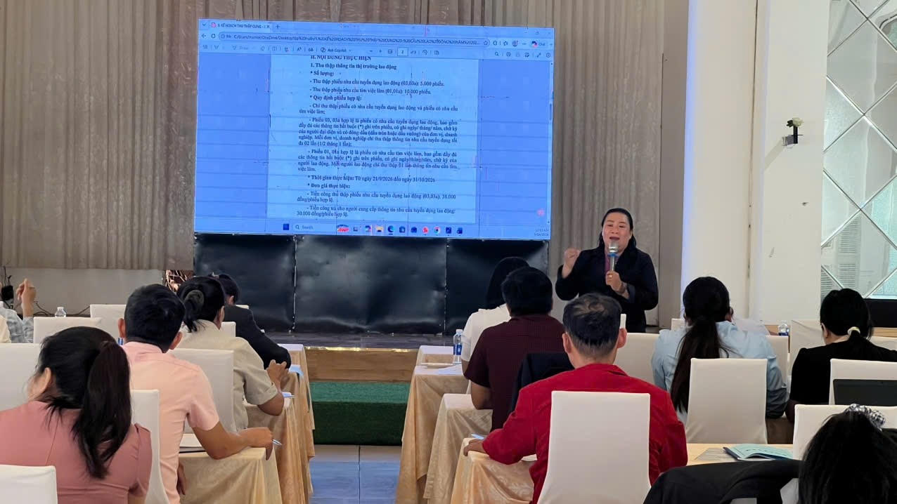 Bà Bùi Lê Phương Thảo, Trưởng phòng Tư vấn – Thông tin thị trường lao động hướng dẫn các kỹ năng cơ bản khi thu thập thông tin thị trường lao động. Ảnh.N.B.