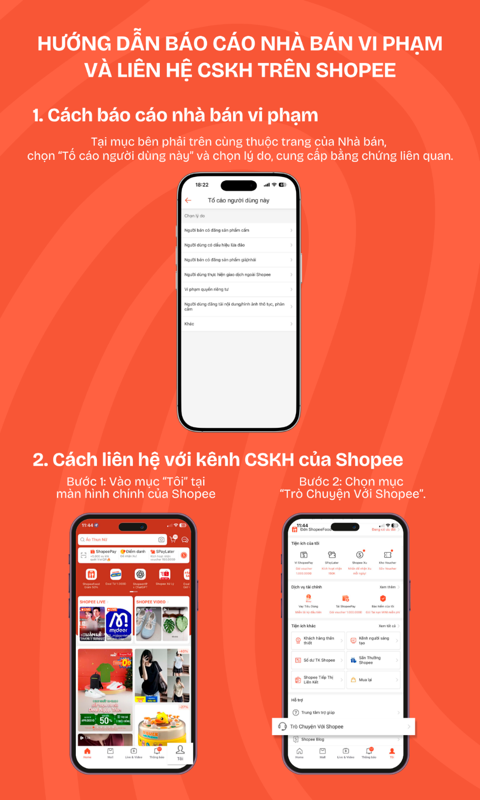 Shopee có các tính năng cho phép người dùng báo cáo nhà bán vi phạm và liên hệ với bộ phận chăm sóc khách hàng.