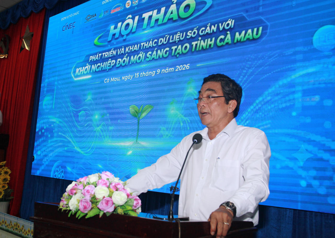 Ông Huỳnh Hùng Dũng - Phó Giám đốc Sở Khoa học và Công nghệ tỉnh Cà Mau, phát biểu khai mạc Hội thảo (Ảnh: T.N).
