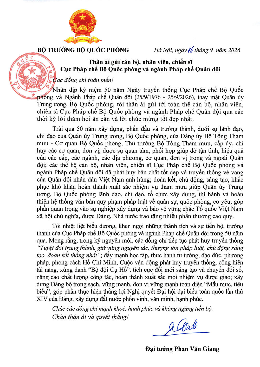 Đại tướng Phan Văn Giang gửi thư chúc mừng 50 năm Ngày truyền thống Cục Pháp chế Bộ Quốc phòng và ngành Pháp chế Quân đội