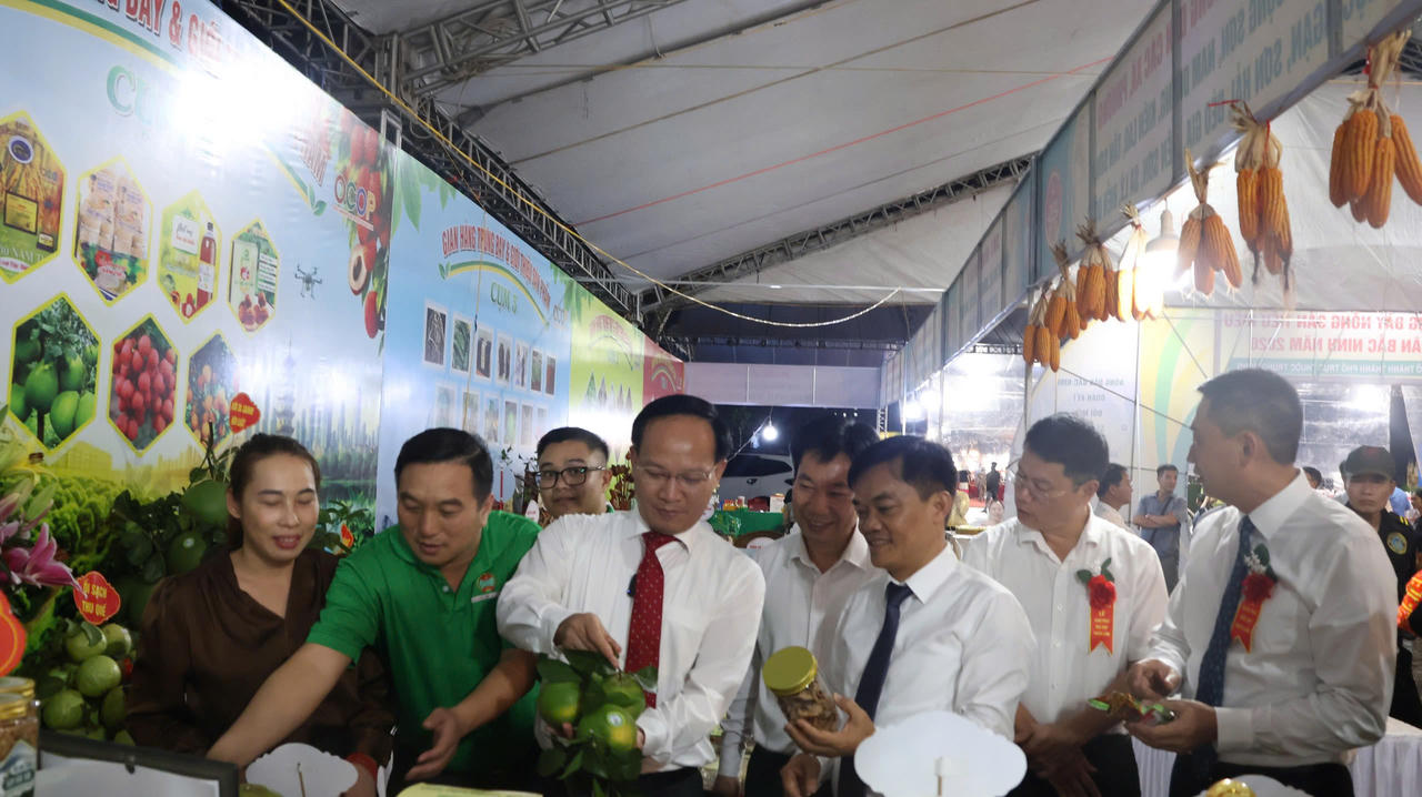 Ông Phạm Văn Thịnh, Ủy viên Ban Thường vụ Tỉnh ủy, Phó Chủ tịch UBND tỉnh Bắc Ninh cùng các đại biểu tham quan các gian hàng.