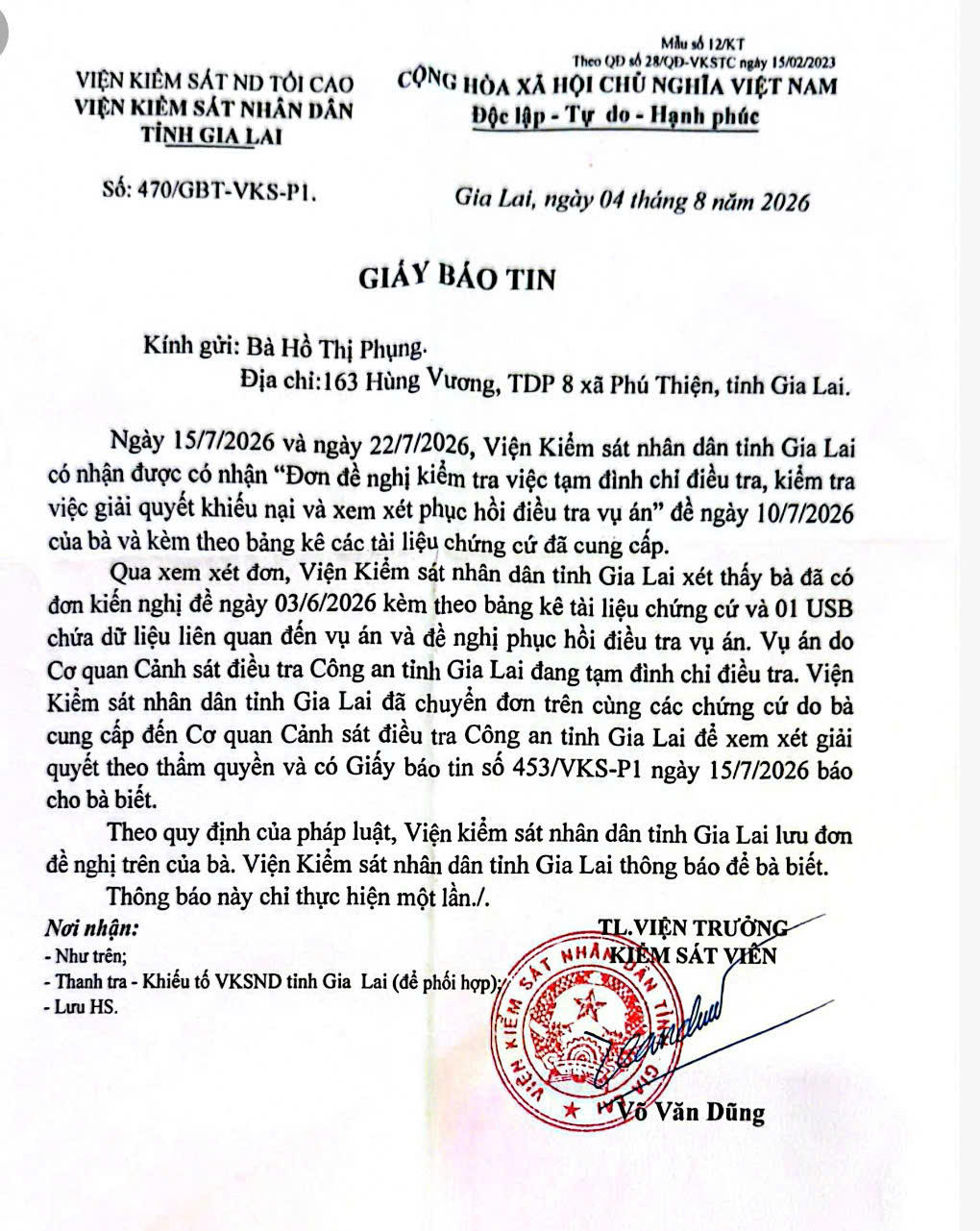 Văn bản của VKSND tỉnh Gia Lai. 