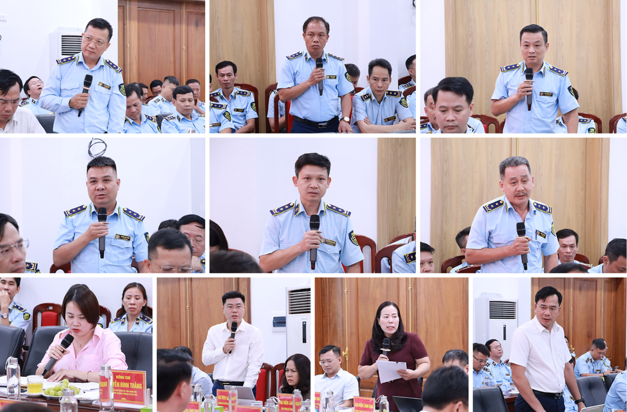 Các đại diện lãnh đạo Phòng ban, Đội QLTT phát biểu tại buổi làm việc.