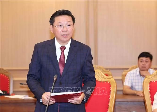 Đồng chí Trần Thanh Lâm, Ủy viên Trung ương Đảng, Phó Trưởng Ban Thường trực Ban Tuyên giáo Trung ương, Bí thư Đảng ủy cơ quan Ban Tuyên giáo Trung ương nhiệm kỳ 2025 - 2030 phát biểu nhận nhiệm vụ. Ảnh: Phương Hoa/TTXVN