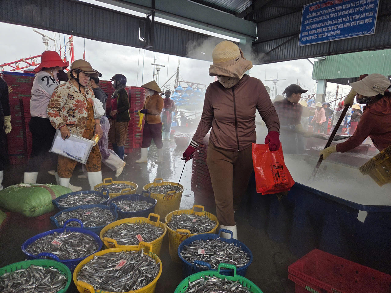 Mỗi tàu cá cơm cập cảng thường cần khoảng 30-40 lao động tham gia bốc dỡ, phân loại. Công việc được tính theo sản lượng, nên cá về càng nhiều, lao động trên bờ càng có thêm việc làm.