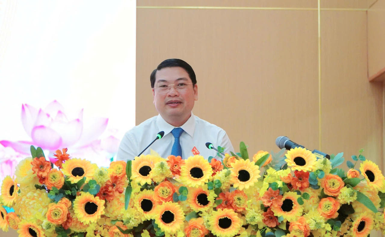 Phó Chủ tịch UBND tỉnh An Giang Lê Trung Hồ trình tóm tắt 20 Tờ trình dự thảo nghị quyết. Ảnh: Khánh Thùy