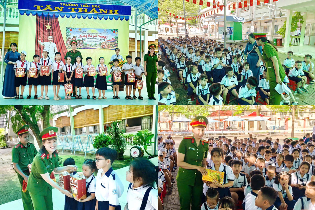 Đoàn viên, hội viên Phòng Cảnh sát hình sự Công an tỉnh tổ chức chương trình “Trung thu yêu thương” tại Trường Tiểu học Tân Thành (Ảnh: H.Đ).