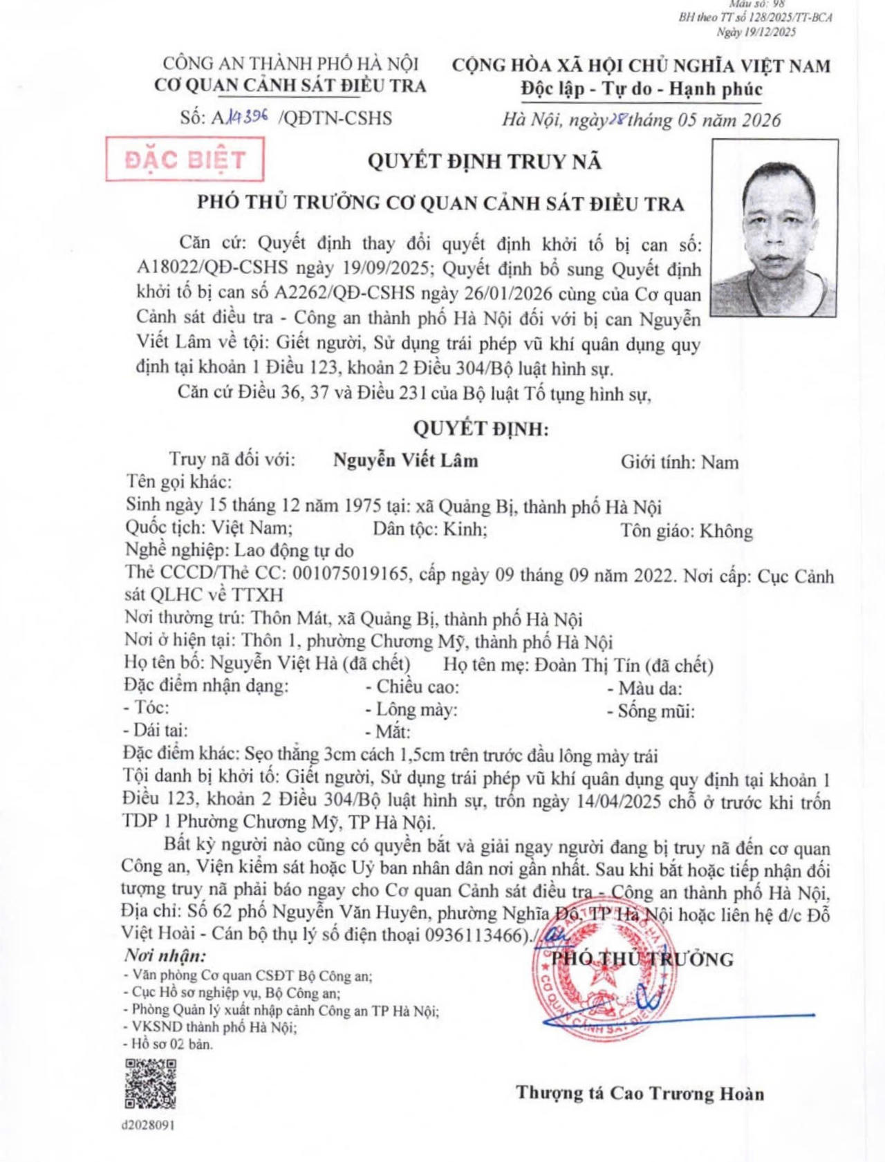 Quyết định truy nã Nguyễn Viết Lâm.