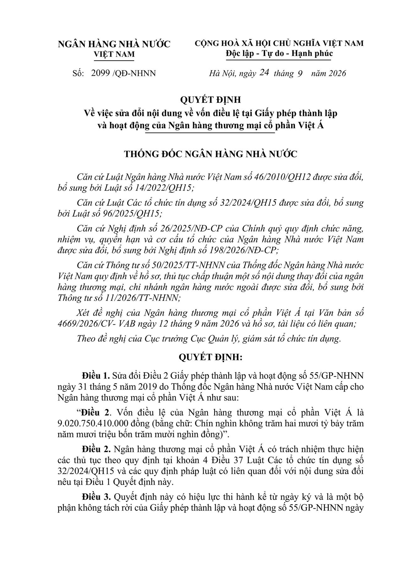 VIETABANK thông báo về việc sửa đổi nội dung về vốn điều lệ tại giấy phép thành lập và hoạt động