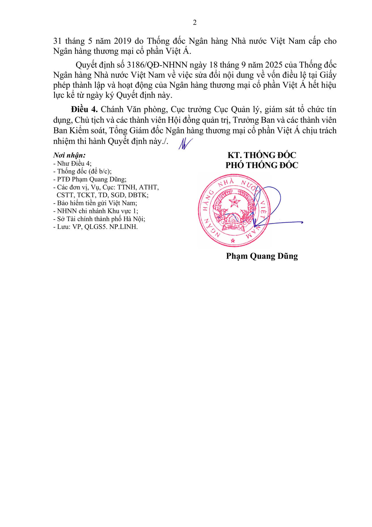 Ngân hàng NNVN ban hành Quyết định số 2099/QĐ-NHNN về việc sửa đổi nội dung về vốn điều lệ tại giấy phép thành lập và hoạt động của Ngân hàng TMCP Việt Á.