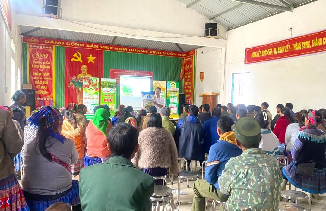 Tại tỉnh Lào Cai, Công ty Cổ phần Supe Phốt phát và Hóa chất Lâm Thao phối hợp với nhà phân phối cấp tổ chức chuỗi hội nghị hướng dẫn sử dụng phân bón cho bà con nông dân tại nhiều xã trên địa bàn. Ảnh: Supe Lâm Thao