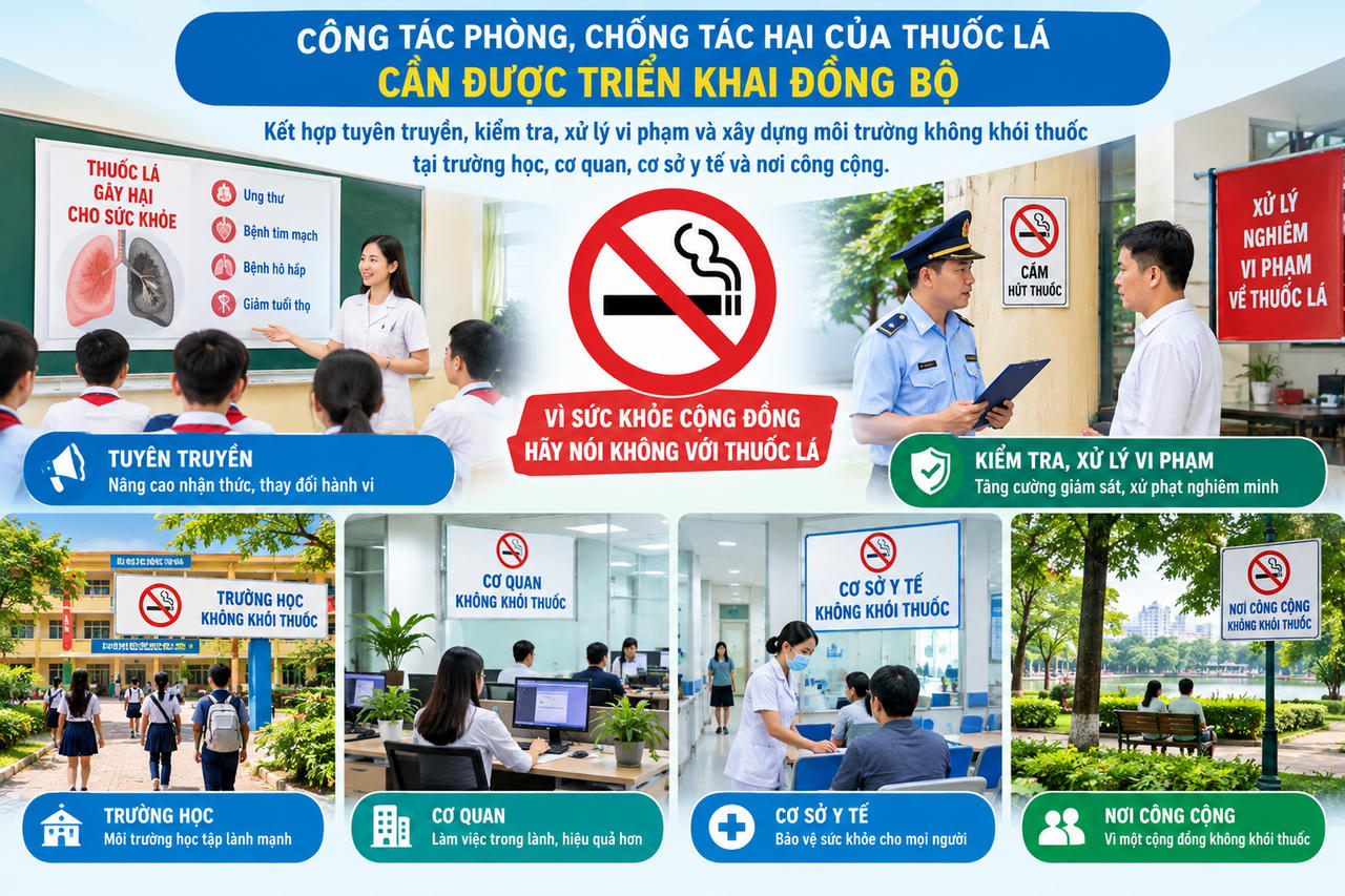 Công tác phòng, chống tác hại của thuốc lá cần được triển khai đồng bộ, kết hợp tuyên truyền, kiểm tra, xử lý vi phạm và xây dựng môi trường không khói thuốc tại trường học, cơ quan, cơ sở y tế và nơi công cộng (Hình minh họa: T.N.).