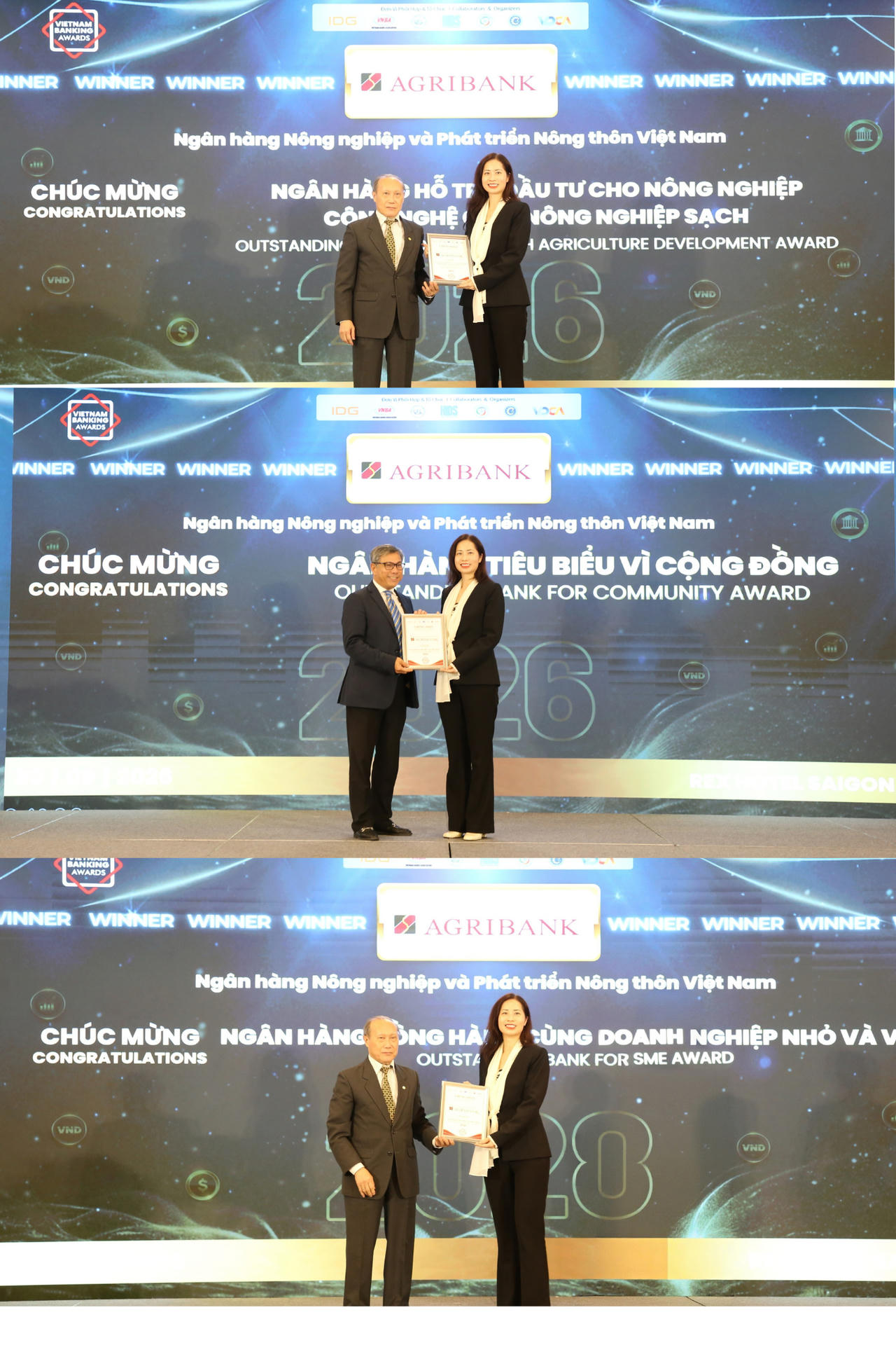 Agribank được xướng tên ở các hạng mục: Ngân hàng đồng hành cùng Doanh nghiệp Nhỏ và Vừa; Ngân hàng Tiêu biểu vì Cộng đồng; Ngân hàng Hỗ trợ Đầu tư cho Nông nghiệp Công nghệ cao/Nông nghiệp sạch.