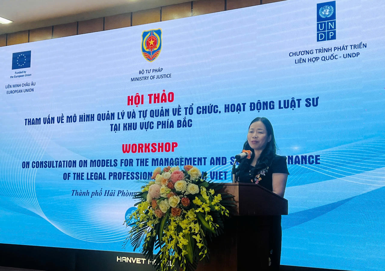 Phó Cục trưởng Cục Bổ trợ Tư pháp Đặng Kim Hoa phát biểu khai mạc hội thảo. (ảnh Nguyên An)
