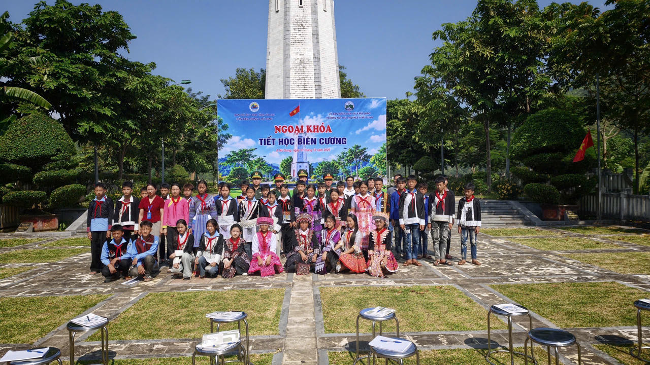  "Tiết học biên cương" được Đồn biên phòng A Mú Sung  tổ chức ngay tại khuôn viên Cột cờ Lũng Pô - nơi sông Hồng chảy vào đất Việt. (Ảnh: Nguyễn Hải)