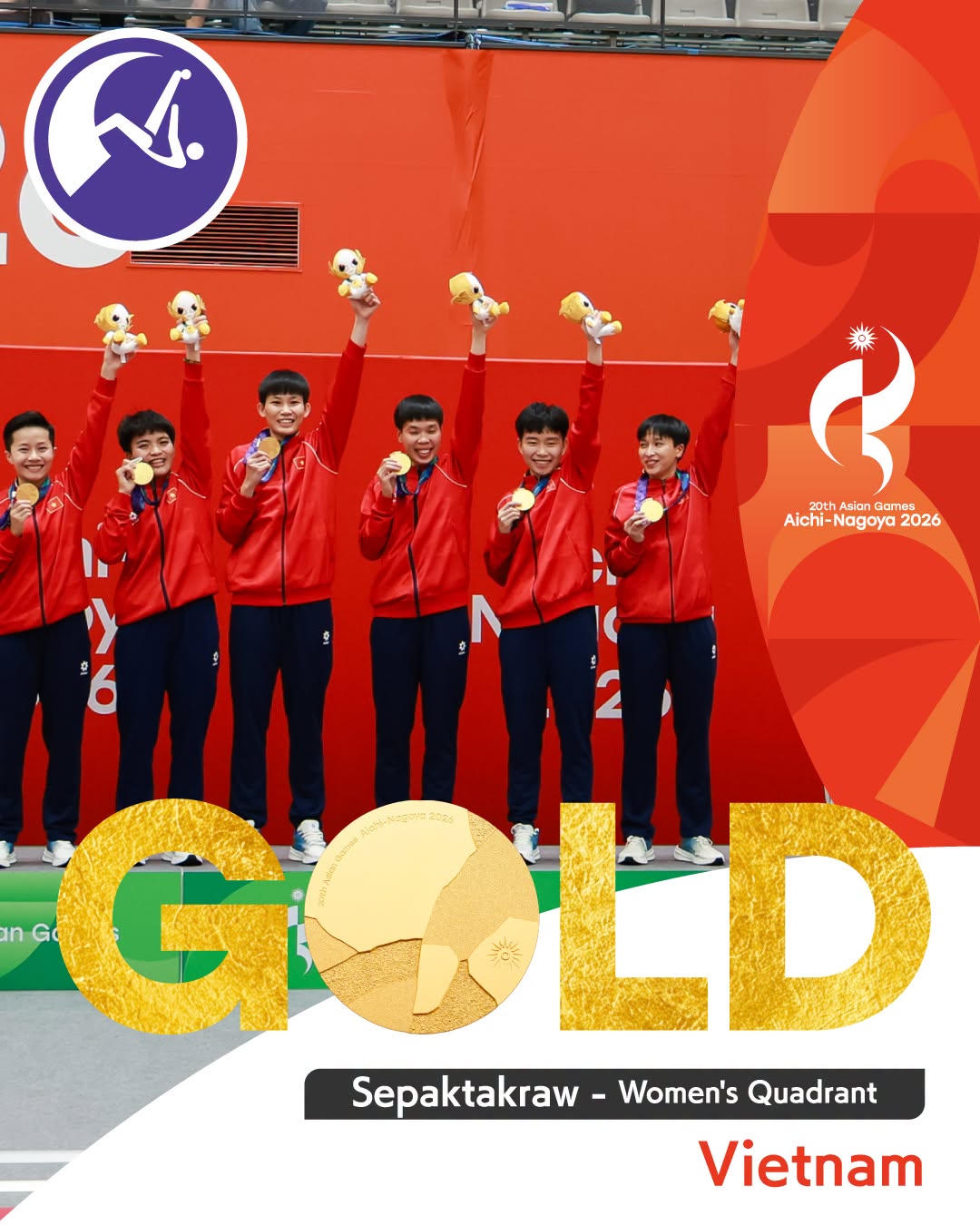 Tấm huy chương vàng ASIAD danh giá của đội tuyển Cầu Mây Việt Nam (Ảnh ASIAD 20)