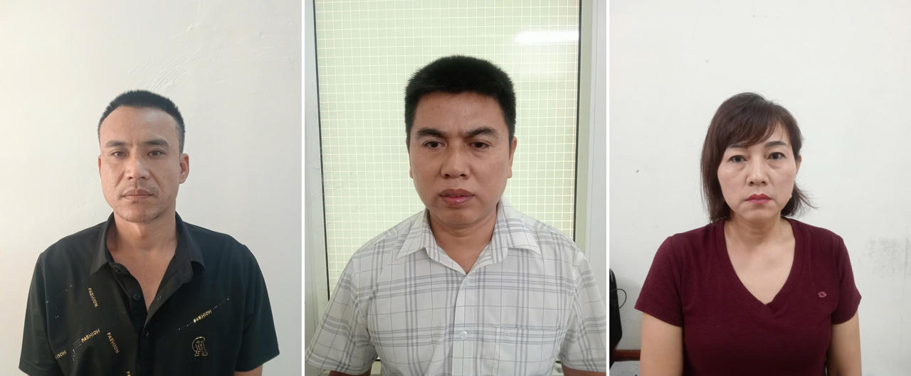 Các đối tượng Lý Văn Thắng, Nguyễn Văn Nghiêm và Chu Thị Giang (từ trái sang phải) tại Cơ quan điều tra (Ảnh: Công an Hưng Yên)