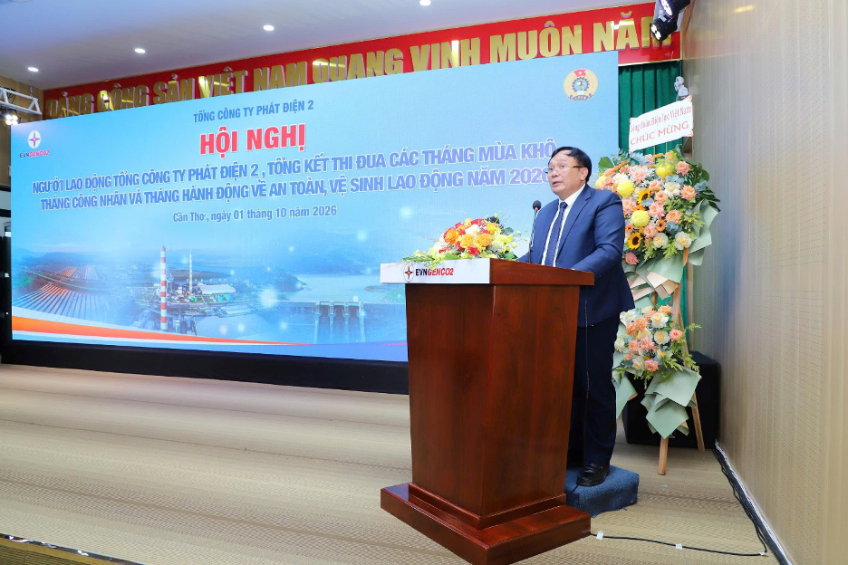 Ông Trần Phú Thái – Bí thư Đảng ủy, Chủ tịch HĐQT EVNGENCO2 phát biểu tại Hội nghị