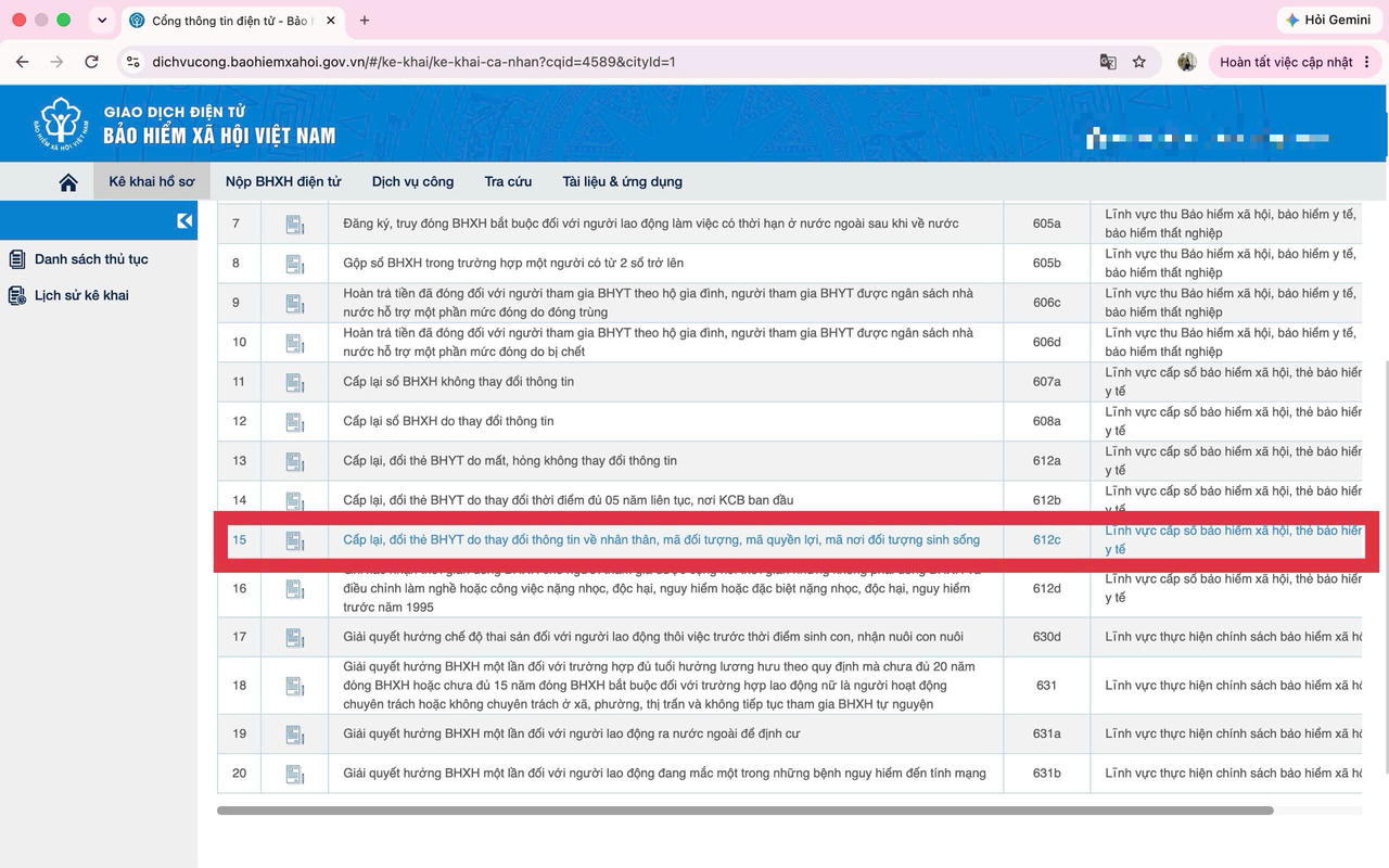 Chọn mục kê khai hồ sơ có mã thủ tục 612c. Ảnh: Kim Ngân