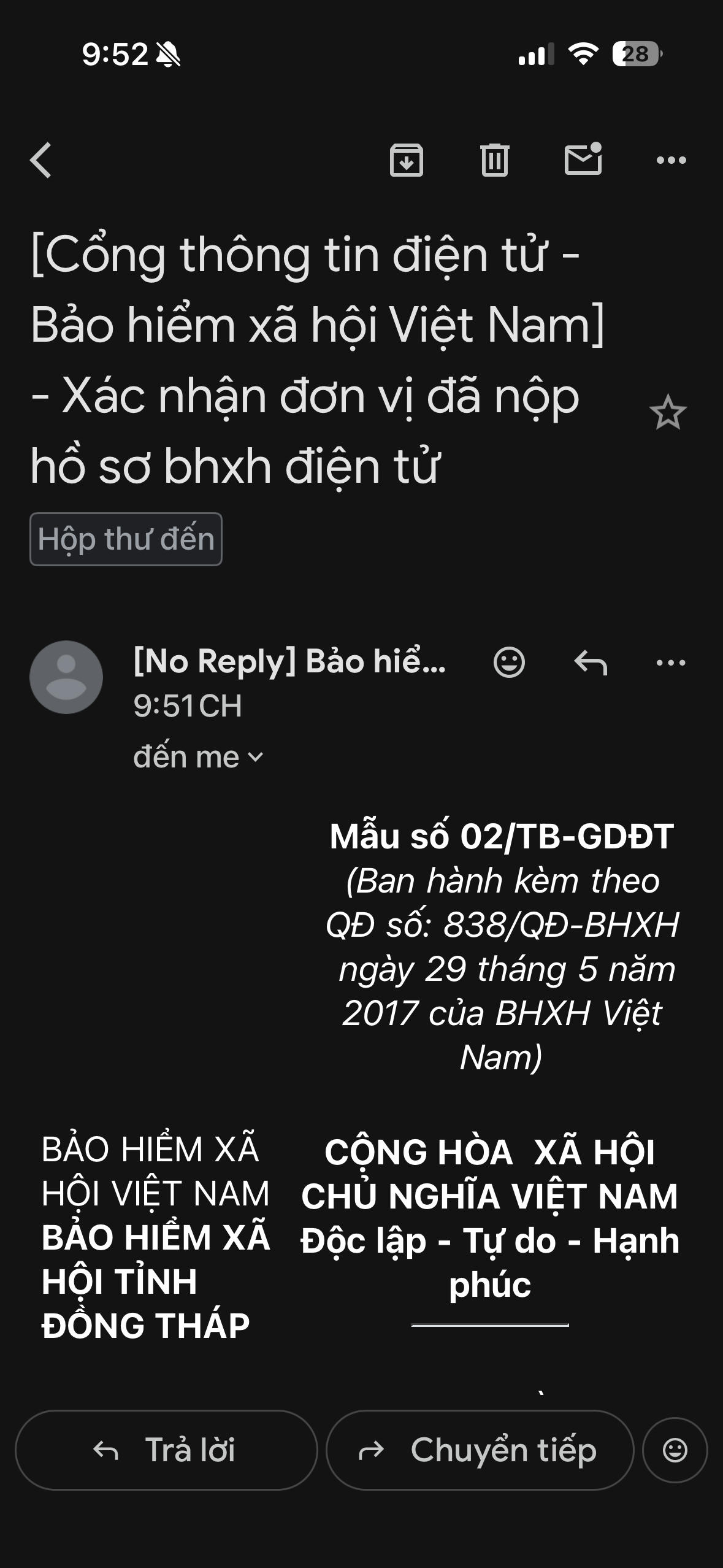 Nhận được gmail Xác nhận đơn vị đã nộp hồ sơ bhxh điện tử. Ảnh: Kim Ngân