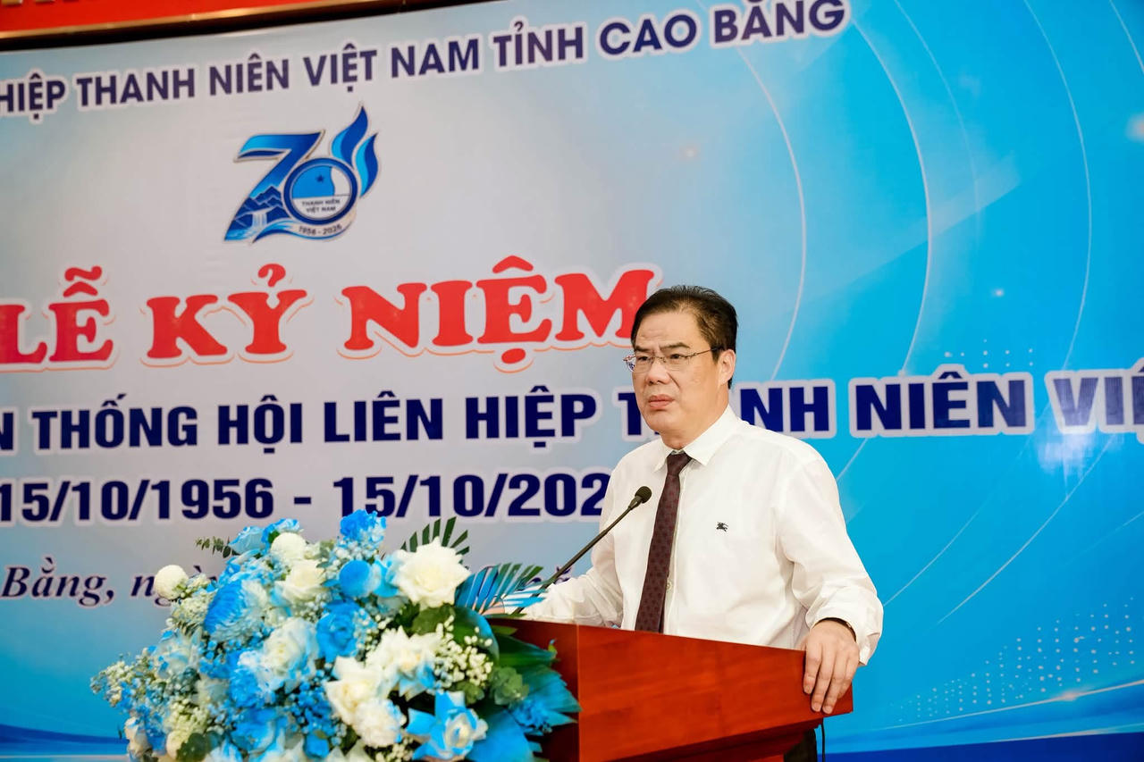 Ông Vũ Hồng Quang, Chủ tịch Ủy ban MTTQ Việt Nam tỉnh Cao Bằng phát biểu tại lễ kỷ niệm.(Ảnh: TĐCB)