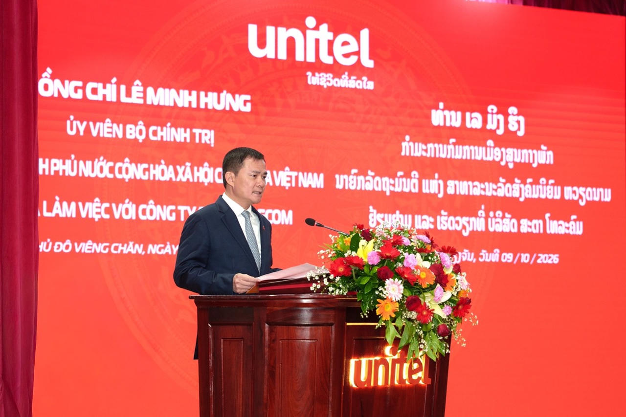 Chủ tịch kiêm Tổng Giám đốc Tập đoàn Viettel Tào Đức Thắng phát biểu tại trụ sở Unitel 9/10.