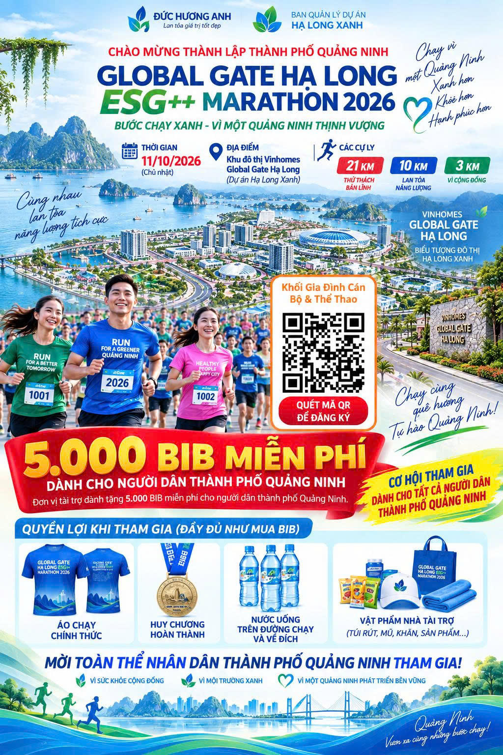 Giải chạy Global Gate Hạ Long ESG++ Marathon 2026 tại Quảng Ninh thu hút khoảng 15.000 người, kết hợp thể thao với thông điệp sống xanh, trồng hơn 2.000 cây. (Ảnh: Sở Văn hóa, Thể thao và Du lịch Quảng Ninh cung cấp)