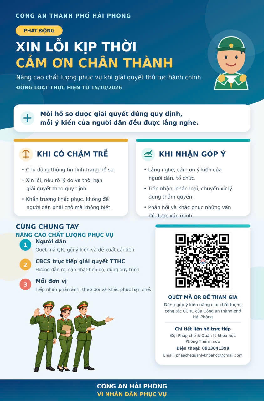Từ 15/10, Công an Hải Phòng thực hiện quy định xin lỗi, gia hạn và cảm ơn khi giải quyết TTHC