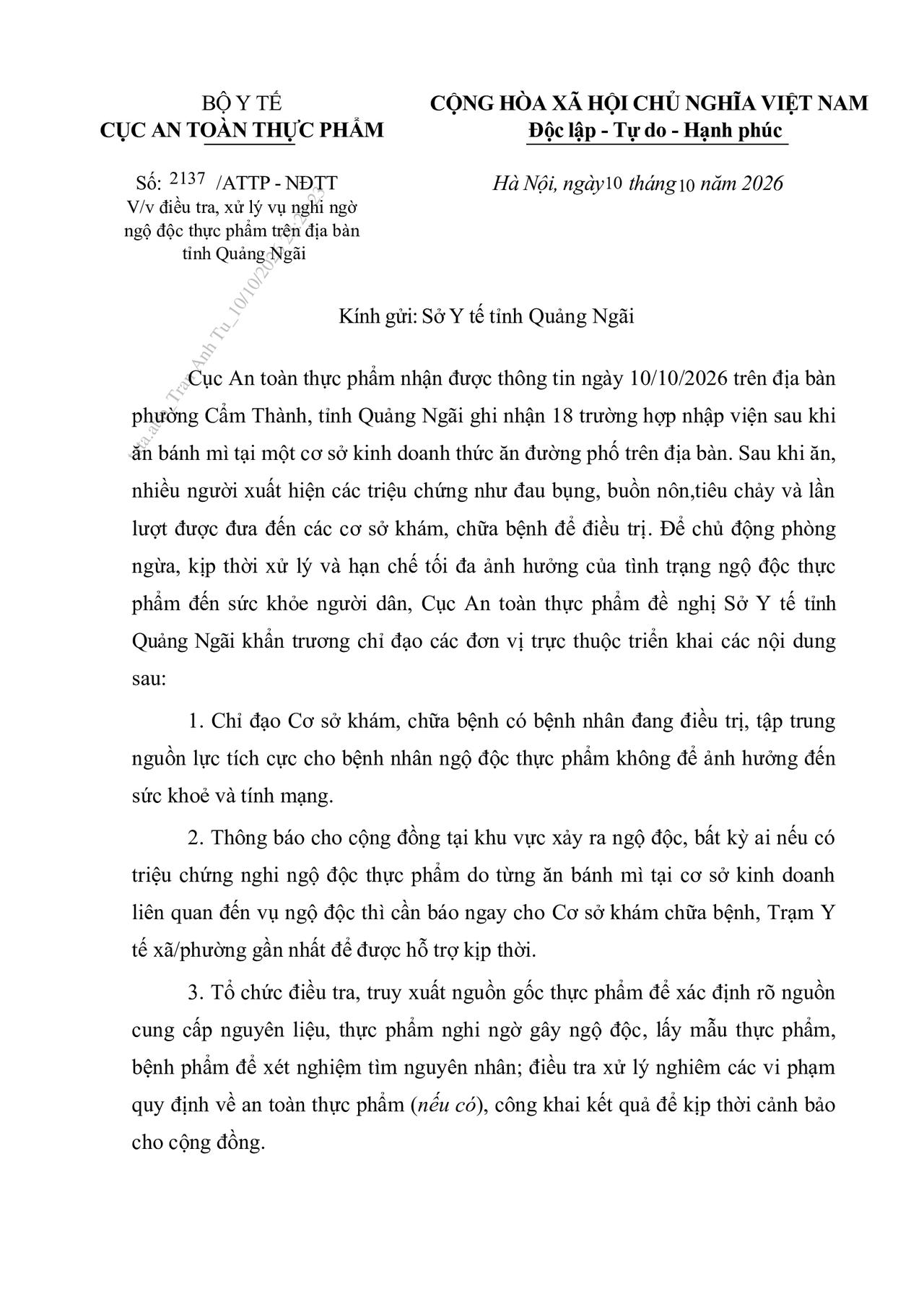 Bộ Y tế chỉ đạo khẩn điều tra, xử lý vụ 18 người nghi ngộ độc bánh mỳ ở Quảng Ngãi