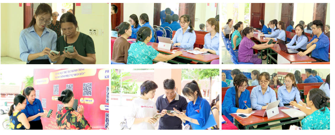 Đoàn viên, thanh niên và cán bộ Điểm hỗ trợ dịch vụ công số Thư Lâm hướng dẫn người dân tiếp cận và sử dụng công nghệ số. (Ảnh: PLVN)
