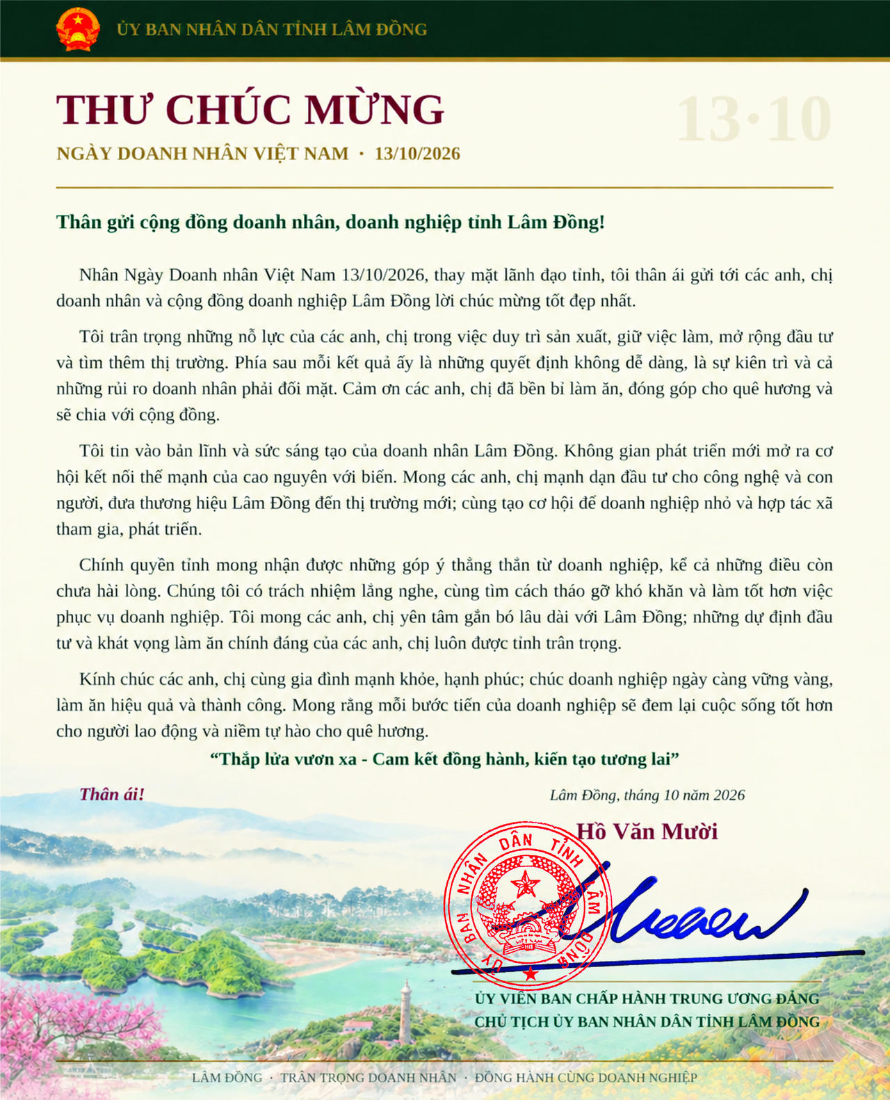 Chủ tịch Lâm Đồng Hồ Văn Mười gửi thư chúc mừng cộng đồng doanh nghiệp, doanh nhân. Ảnh: N.Vũ.